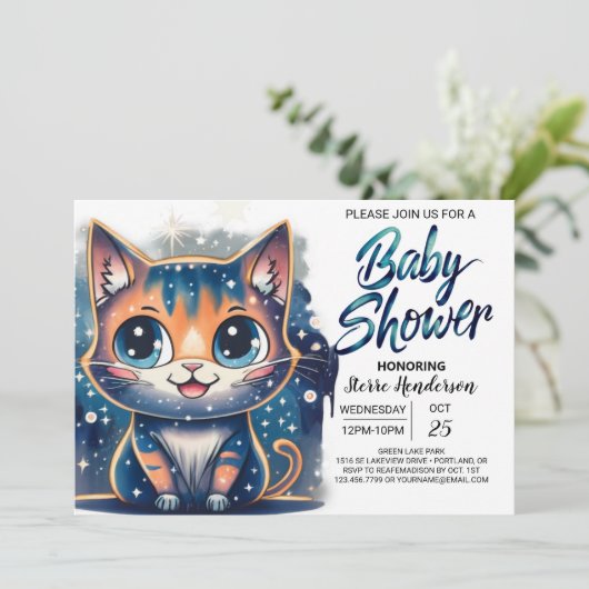Boho Kitten Editable Baby Dusche Einladung (Stehend Vorderseite)