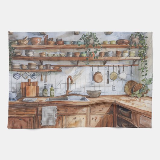 Boho-Kücheninterieur-Wasserfarbe mit offenen Regal Geschirrtuch (Horizontal)
