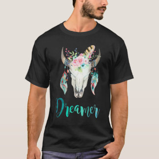 Boho-Kuh-Schädel-Blumen und Feder T-Shirt