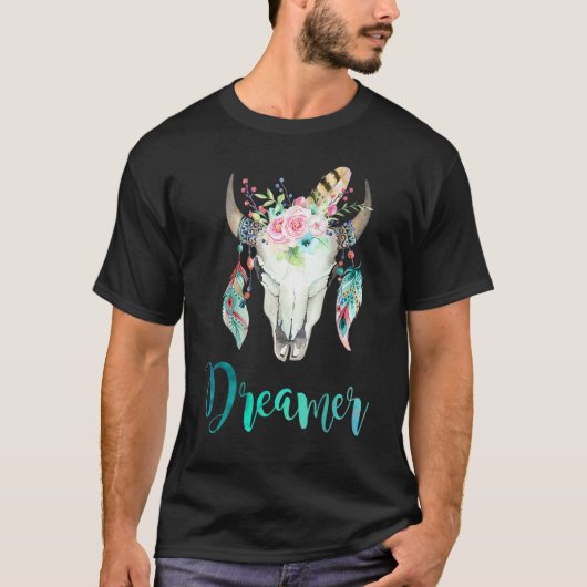 Boho-Kuh-Schädel-Blumen und Feder T-Shirt (Vorderseite)