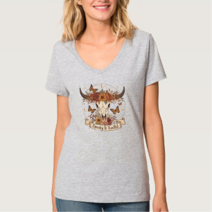 Boho Kuh Skull Bloral Herbst T - Shirt der Frauen