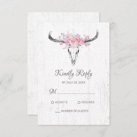 Boho Kuh Skull Bloral Rosa Aquarell Rose RSVP Karte (Vorne/Hinten)