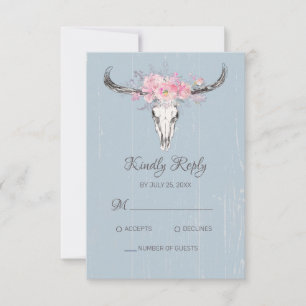 Boho Kuh Skull Bloral Rosa Wasserfarbe Blau RSVP Karte