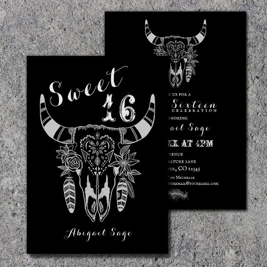 Boho Kuh Skull Schwarz und Weiß Sweet 16 Geburtsta Einladung
