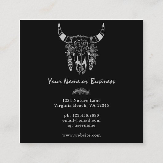 Boho Kuh Skull Schwarz-Weiß Bohemisch Quadratische Visitenkarte (Rückseite)