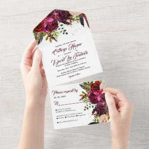 Boho-Kühn Burgunderrot & Goldene Blumige Hochzeit All In One Einladung