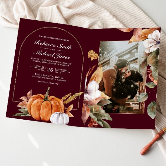 Boho-Kürbis-Foto-QR-Code-Burgunder-Hochzeit Einladung