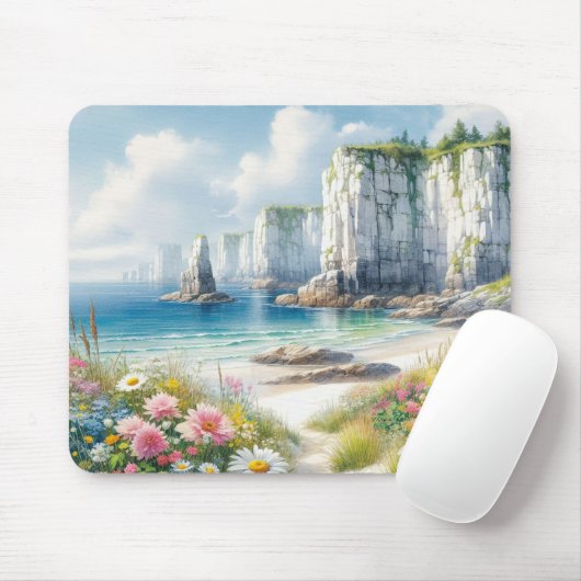 Boho-Küstenklippen-Wildblumen-Strandkunst Mousepad (Mit Mouse)