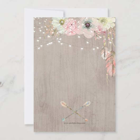 Boho Lace Lights & Tribal fether Brautparty Einladung (Rückseite)