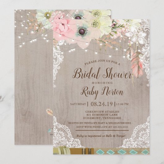 Boho Lace Lights & Tribal fether Brautparty Einladung (Vorne/Hinten)