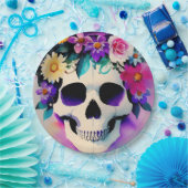 Boho lächelt Schädel in Blume Krone Pappteller (Party)