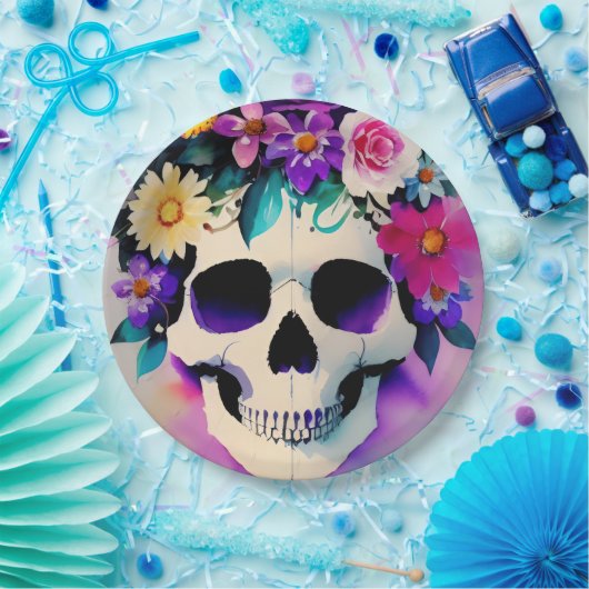 Boho lächelt Schädel in Blume Krone Pappteller (Party)