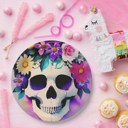 Boho lächelt Schädel in Blume Krone Pappteller (Party)