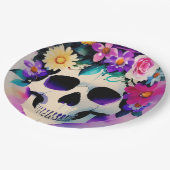 Boho lächelt Schädel in Blume Krone Pappteller (Schrägansicht)