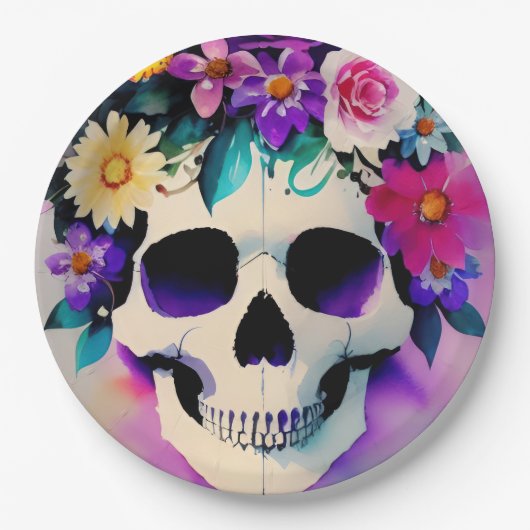 Boho lächelt Schädel in Blume Krone Pappteller (Vorderseite)