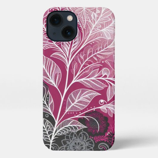 Boho Lacy Leaf Design Pink, Black and White iPhone Hülle (Rückseite)