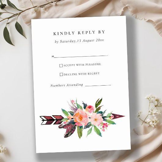 BOHO LAND BLUSH ARROW FLORAL WEDDING RSVP KARTE