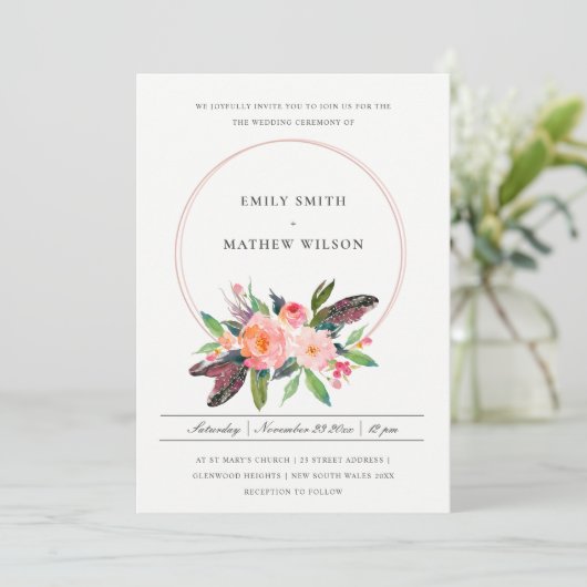 BOHO LAND FEATHER BLUSH FLORAL WEDH EINLADUNG (Stehend Vorderseite)