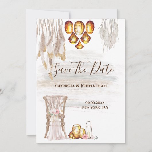 Boho-Land-Makramee-Lichterkette Feder-Laterne Save The Date (Vorderseite)