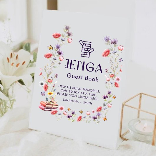Boho-Lavendel-Wildblumen-Jenga-Gästebuch Sockelschild