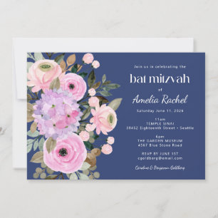 Boho Lavender Blue Floral Watercolor Bat Mitzvah Einladung