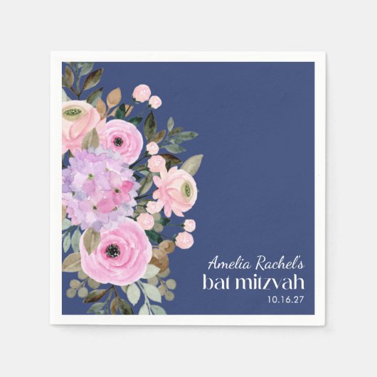 Boho Lavender Blue Floral Watercolor Bat Mitzvah Serviette (Vorderseite)