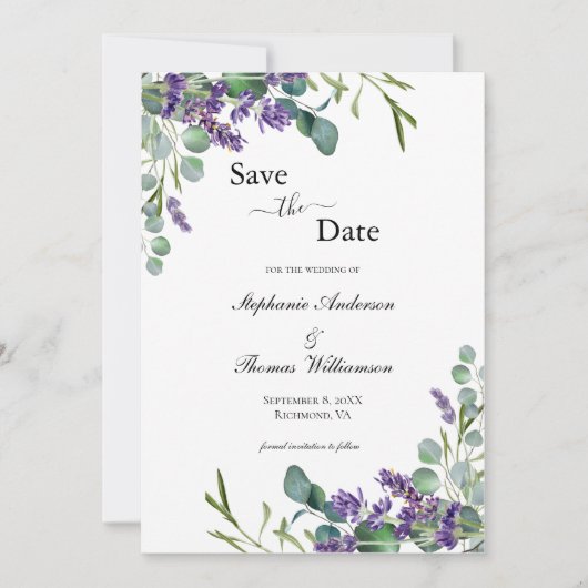 Boho Lavender Eucalyptus Eleganter Moderner QR-Cod Save The Date (Vorderseite)