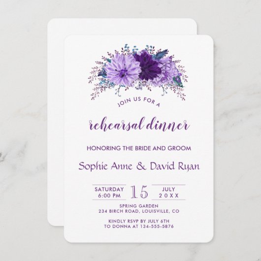 Boho Lavender Floral Plum Lila Probe Abendessen Einladung (Vorne/Hinten)