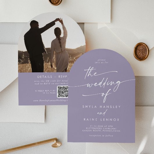 Boho Lavender Lila Foto QR Code Arch Wedding Einladung