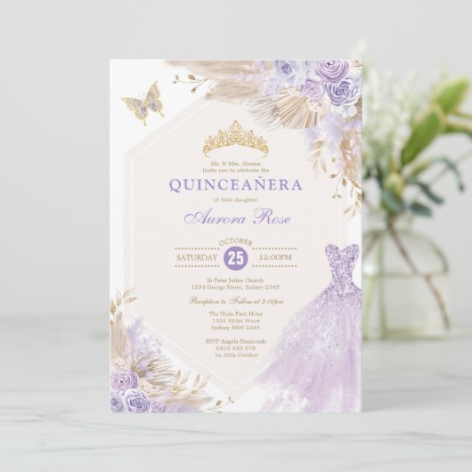 Boho Lavender Quinceañera Mis Quince 15 Anos Einladung (Stehend Vorderseite)