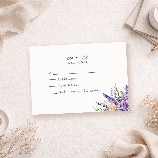 Boho Lavender Watercolor Wildflower Wedding RSVP Karte