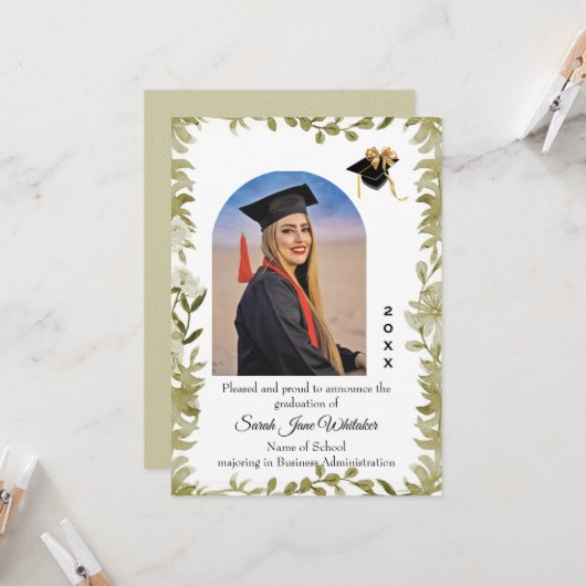 Boho Leaf Border College Graduation announcement Karte (Vorderseite/Rückseite Beispiel)