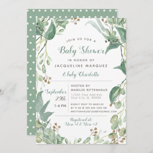 BOHO Leaf Foliage Eukalyptus Greenery Baby Shower Einladung (Vorne/Hinten)