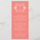 Boho Leaf Monogram Coral Pink Hochzeitsessen Menükarte (Vorderseite)