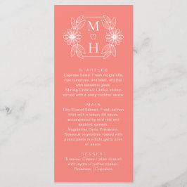 Boho Leaf Monogram Coral Pink Hochzeitsessen Menükarte