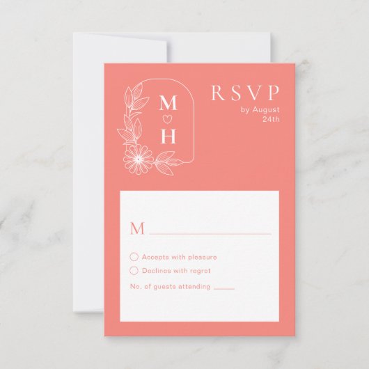 Boho Leaf Monogram Coral Pink Wedding RSVP Karte (Vorderseite)