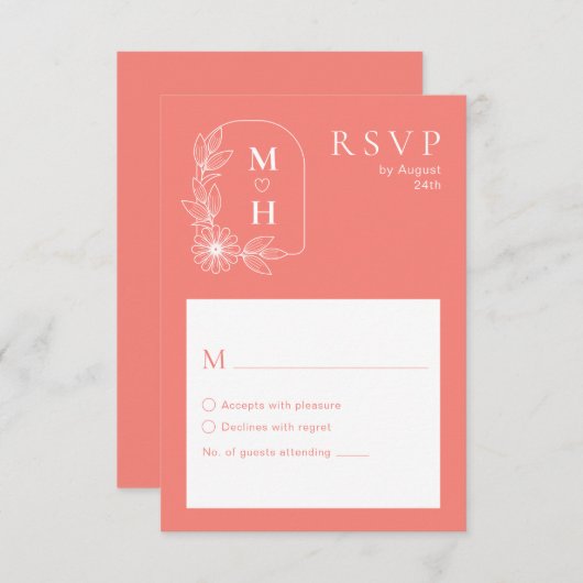 Boho Leaf Monogram Coral Pink Wedding RSVP Karte (Vorne/Hinten)