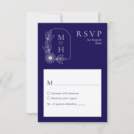 Boho Leaf Monogram Stylish Blue and White Wedding RSVP Karte (Vorderseite)