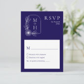 Boho Leaf Monogram Stylish Blue and White Wedding RSVP Karte (Stehend Vorderseite)