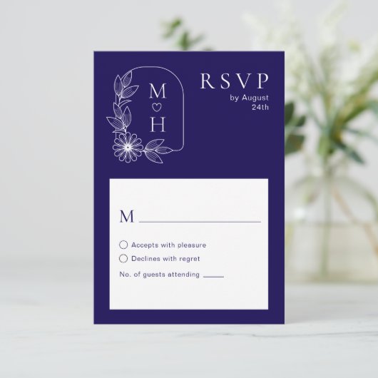 Boho Leaf Monogram Stylish Blue and White Wedding RSVP Karte (Stehend Vorderseite)