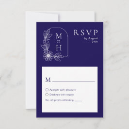 Boho Leaf Monogram Stylish Blue and White Wedding RSVP Karte