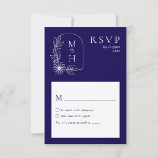Boho Leaf Monogram Stylish Blue and White Wedding RSVP Karte