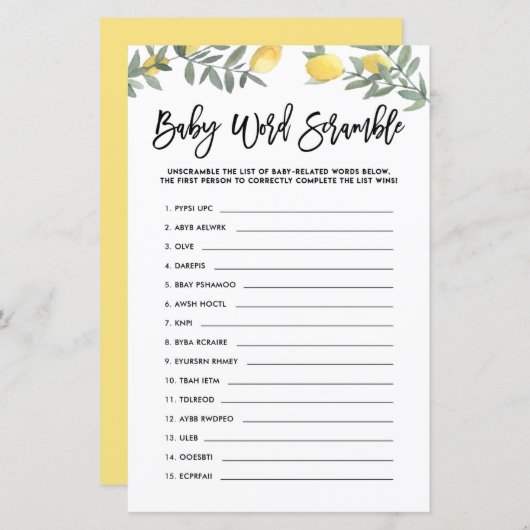 Boho Lemon Baby Word Scramble Baby Showspiel (Vorne/Hinten)