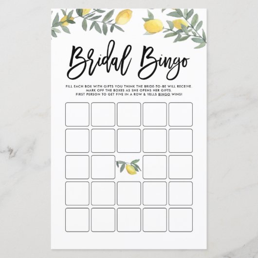 Boho Lemon Summer Brautparty Bingo Game Card (Vorderseite)