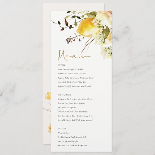 Boho Lemon Yellow Floral Wedding Menu Card Einladung (Vorne/Hinten)