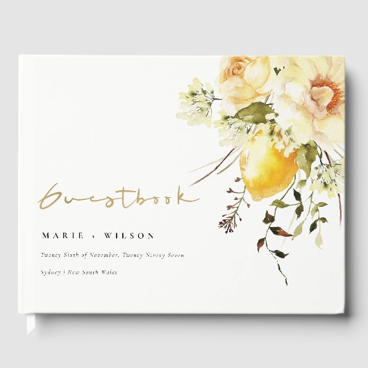 Boho Lemon Yellow Watercolor Floral Wedding Gästebuch (Vorderseite)