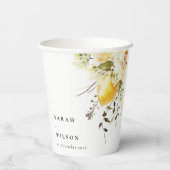 Boho Lemon Yellow Watercolor Floral Wedding Pappbecher (Rückseite)