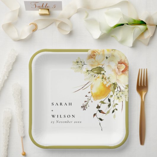Boho Lemon Yellow Watercolor Floral Wedding Pappteller (Hochzeit)