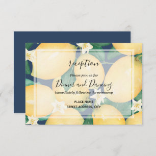 Boho Lemons auf Navy Blue Blätter Hochzeitsempfang Begleitkarte