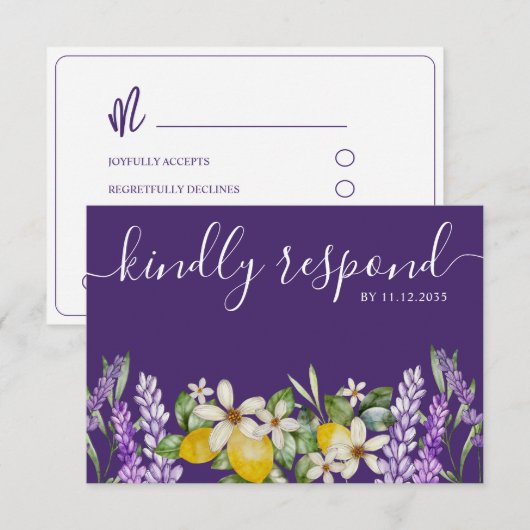 Boho Lemons & Lavender Wedding RSVP Karte (Vorne/Hinten)